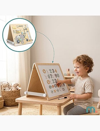 Tableau double face bois enfant 2en1 magnétique & sensorial 49x37cm mamabrum