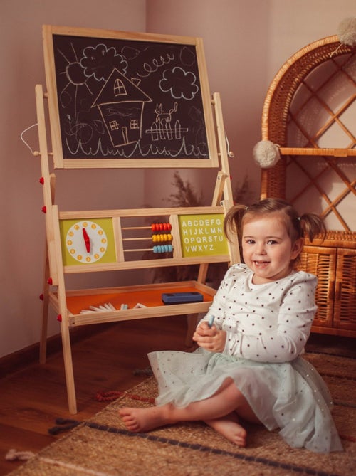 Tableau Enfant Bois Double Face Magnétique & Tableau Noir 98x45x42 - Chevalet avec Boulier & Horloge - Kiabi