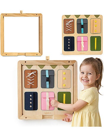 Tableau manipulation montessori bois mur cadre lacets fermeture eclair mamabrum