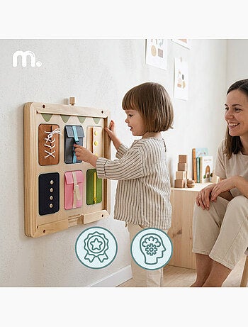 Tableau manipulation montessori bois mur cadre lacets fermeture eclair mamabrum