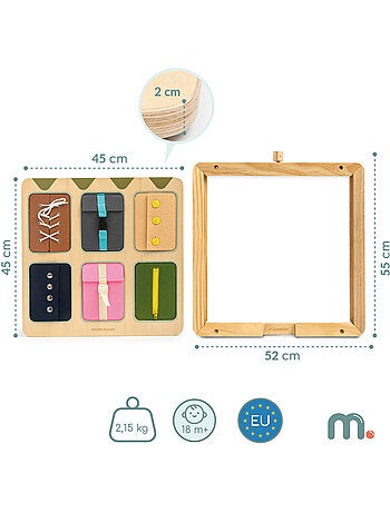 Tableau manipulation montessori bois mur cadre lacets fermeture eclair mamabrum