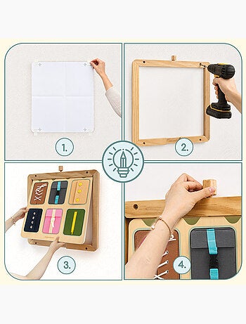 Tableau manipulation montessori bois mur cadre lacets fermeture eclair mamabrum