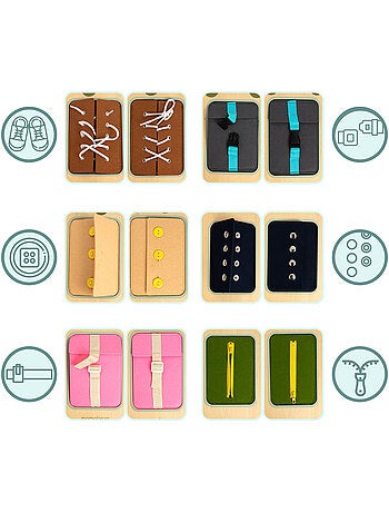 Tableau manipulation montessori bois mur cadre lacets fermeture eclair mamabrum