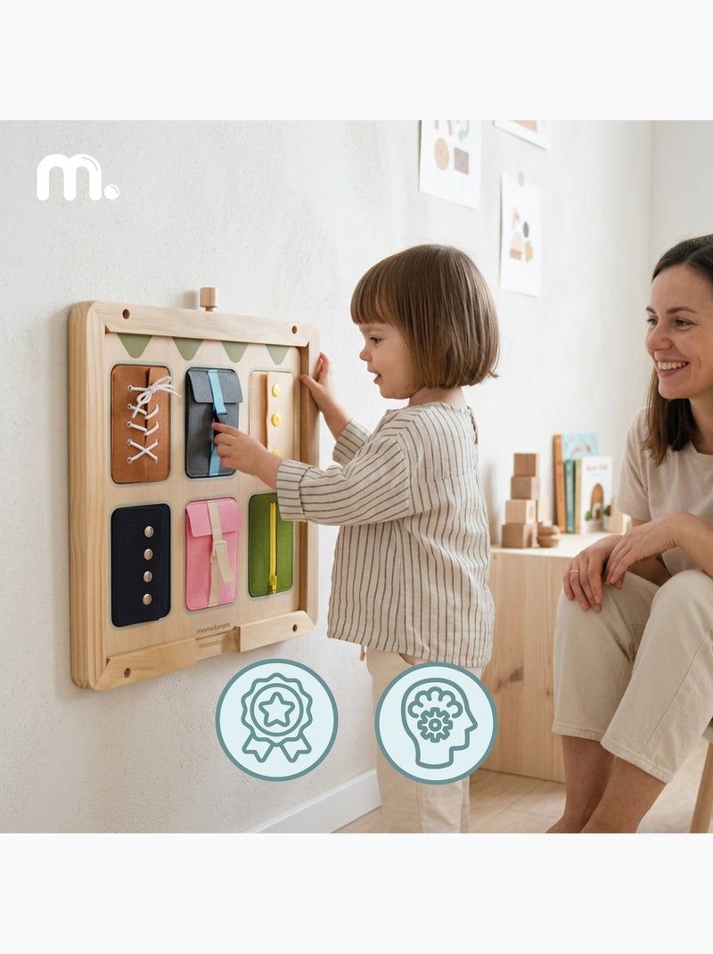 Tableau manipulation montessori bois mur cadre lacets fermeture eclair mamabrum N/A - Kiabi