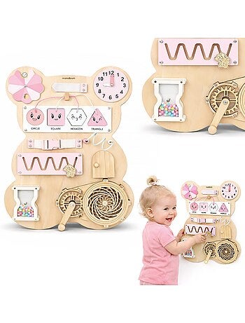 Tableau sensoriel bois ourson rose montessori teddy board mamabrum