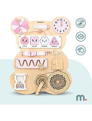 Tableau sensoriel bois ourson rose montessori teddy board mamabrum