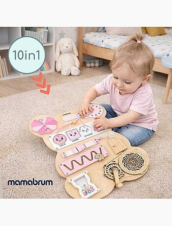 Tableau sensoriel bois ourson rose montessori teddy board mamabrum