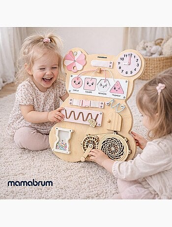 Tableau sensoriel bois ourson rose montessori teddy board mamabrum