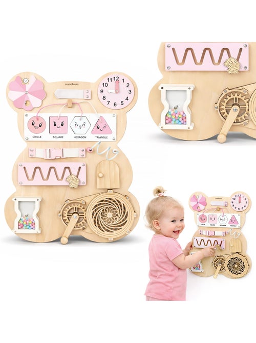 Tableau sensoriel bois ourson rose montessori teddy board mamabrum - Kiabi Tableau sensoriel bois ourson rose montessori teddy board mamabrum - Kiabi