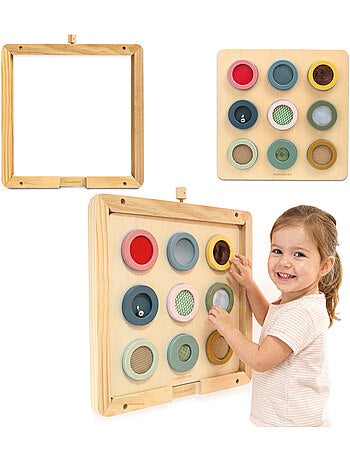 Tableau sensoriel montessori bois mur cadre 9 textures toucher mamabrum