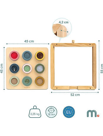 Tableau sensoriel montessori bois mur cadre 9 textures toucher mamabrum