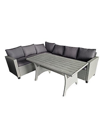 TAHAA - Salon de jardin d'angle 6 places en résine tressée grise avec table