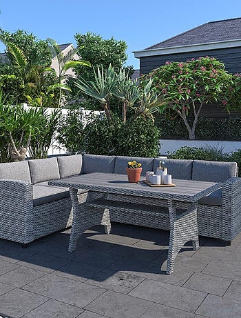 TAHAA - Salon de jardin d'angle 6 places en résine tressée grise avec table