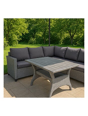 TAHAA - Salon de jardin d'angle 6 places en résine tressée grise avec table