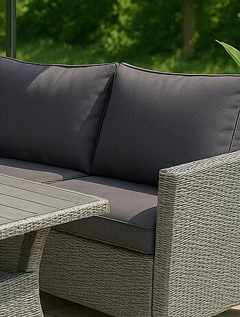 TAHAA - Salon de jardin d'angle 6 places en résine tressée grise avec table