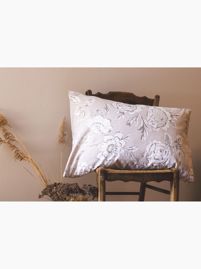 Taie d’oreiller - 100 % coton 57 fils - Imprimé floral réversible NORA Beige - Kiabi