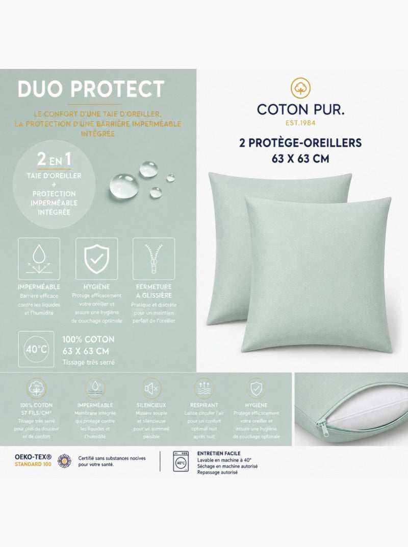 Taie d'oreiller - coton pur - 100 % coton 57 fils/cm² Vert menthe - Kiabi