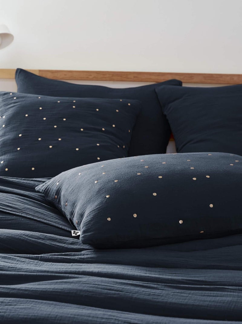 Taie d'oreiller à pois brodés double gaze de coton Bleu marine - Kiabi