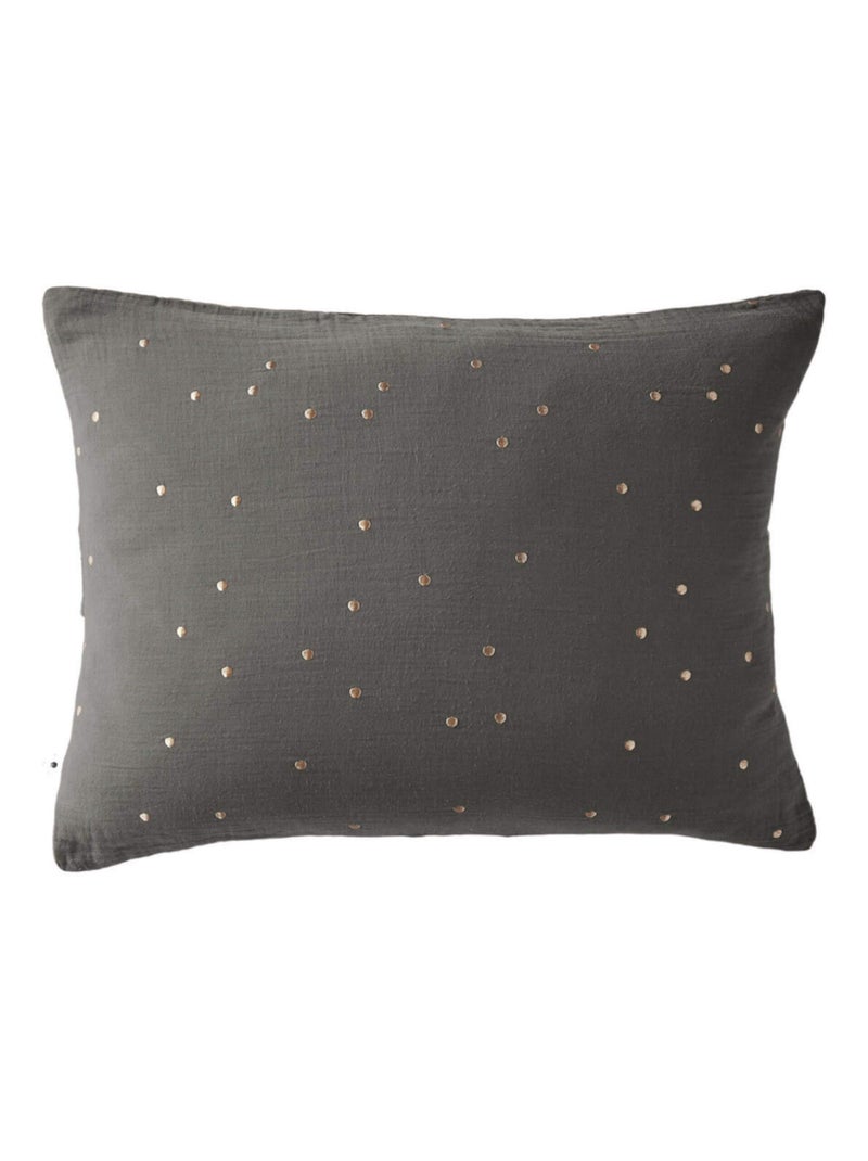 Taie d'oreiller à pois brodés double gaze de coton gris anthracite - Kiabi