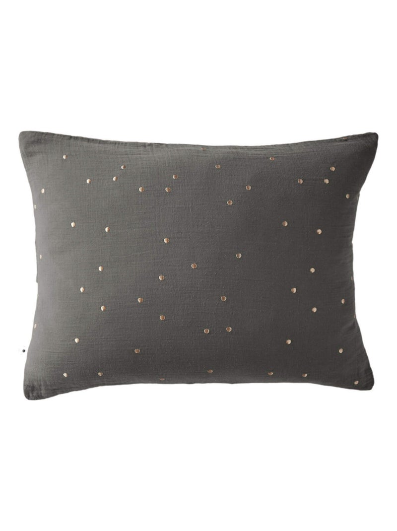 Taie d'oreiller à pois brodés double gaze de coton gris anthracite - Kiabi