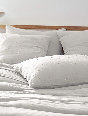 Taie d'oreiller à pois brodés double gaze de coton