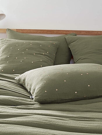 Taie d'oreiller à pois brodés double gaze de coton