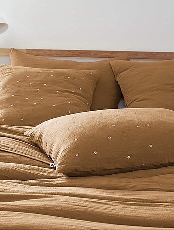 Taie d'oreiller à pois brodés double gaze de coton