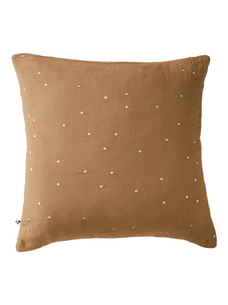 Taie d'oreiller à pois brodés double gaze de coton Marron - Kiabi