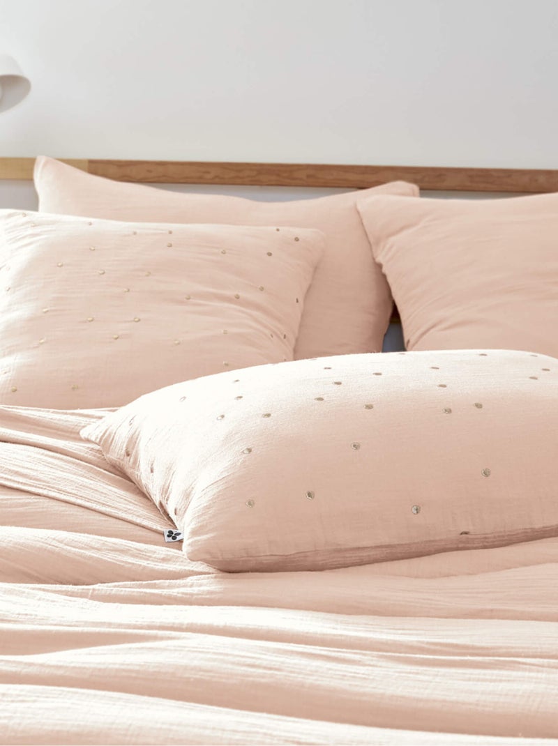 Taie d'oreiller à pois brodés double gaze de coton Rose - Kiabi