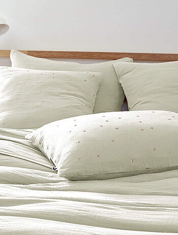 Taie d'oreiller à pois brodés double gaze de coton