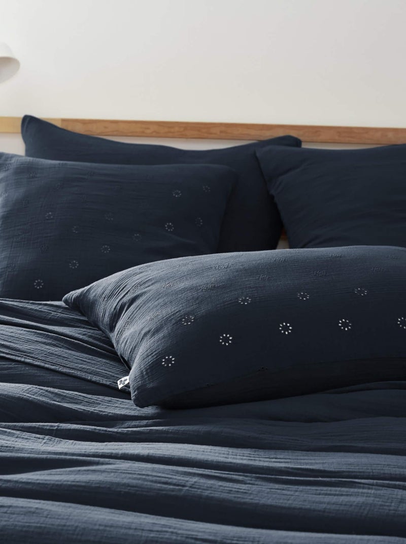 Taie d'oreiller brodée double gaze de coton Bleu marine - Kiabi