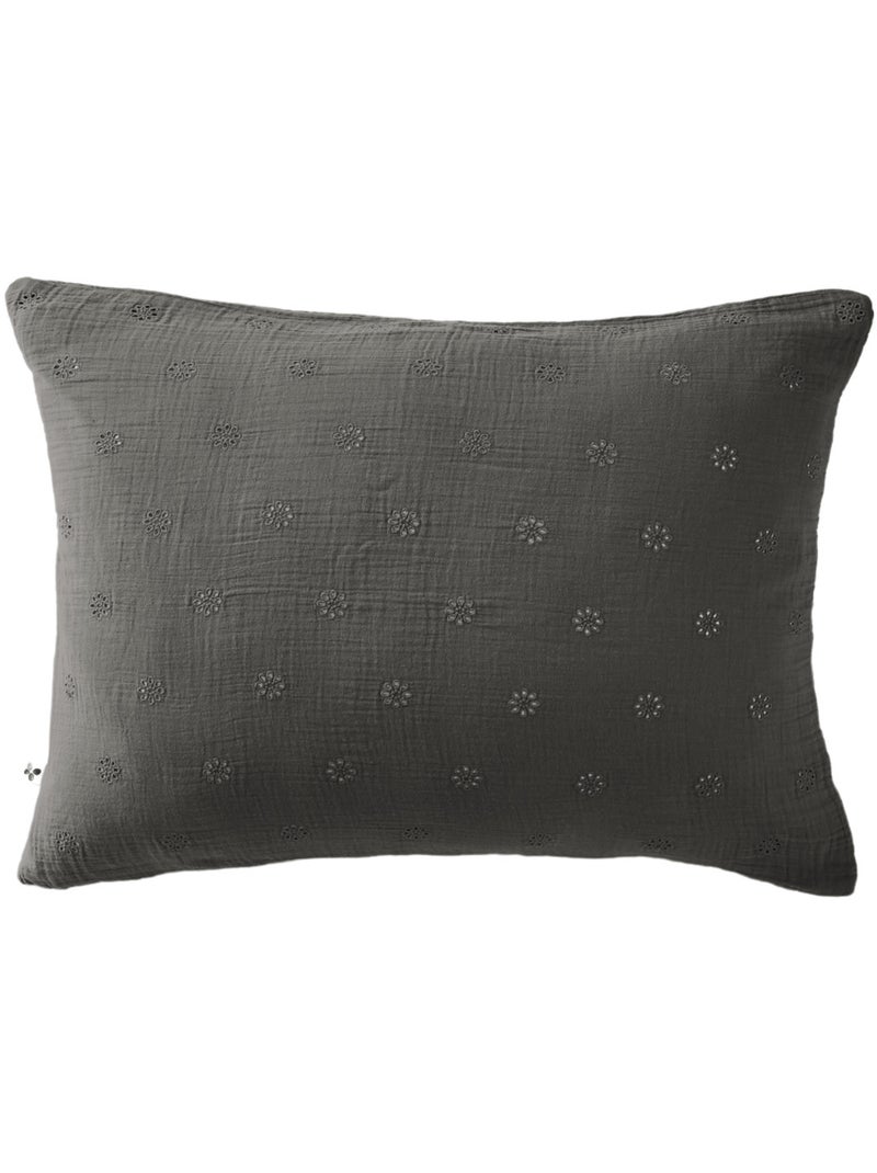 Taie d'oreiller brodée double gaze de coton gris anthracite - Kiabi