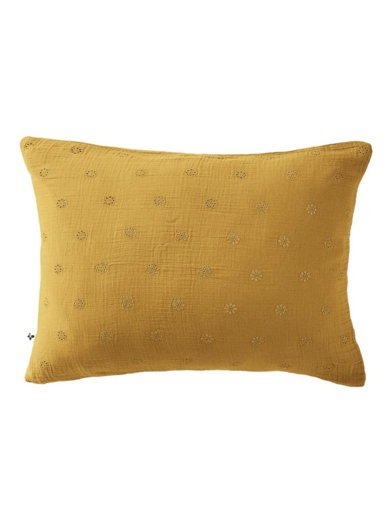 Taie d'oreiller brodée double gaze de coton Jaune - Kiabi