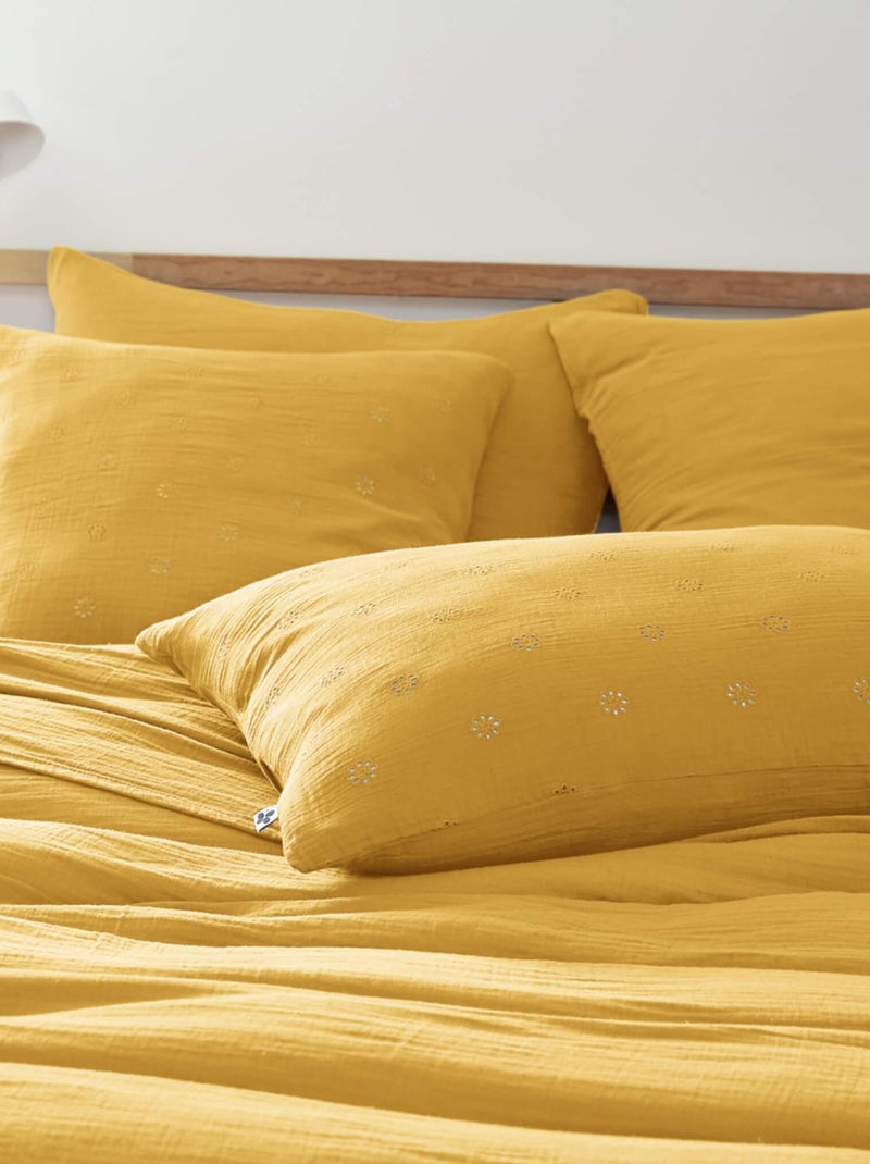 Taie d'oreiller brodée double gaze de coton Jaune - Kiabi
