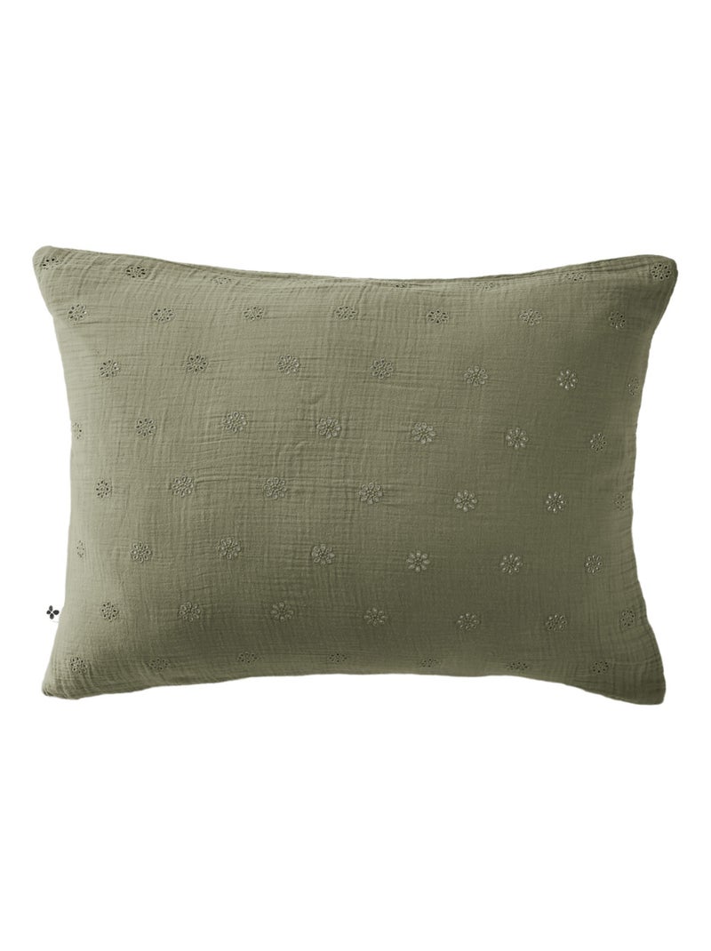Taie d'oreiller brodée double gaze de coton Kaki - Kiabi