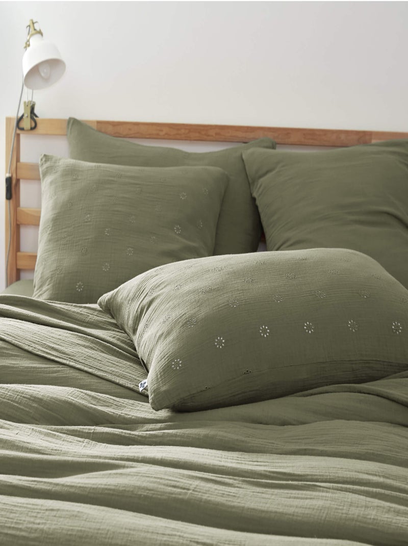 Taie d'oreiller brodée double gaze de coton Kaki - Kiabi