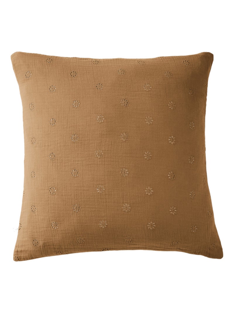 Taie d'oreiller brodée double gaze de coton Marron - Kiabi