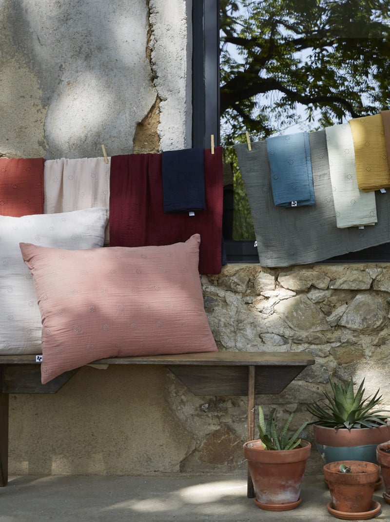 Taie d'oreiller brodée double gaze de coton Marron - Kiabi