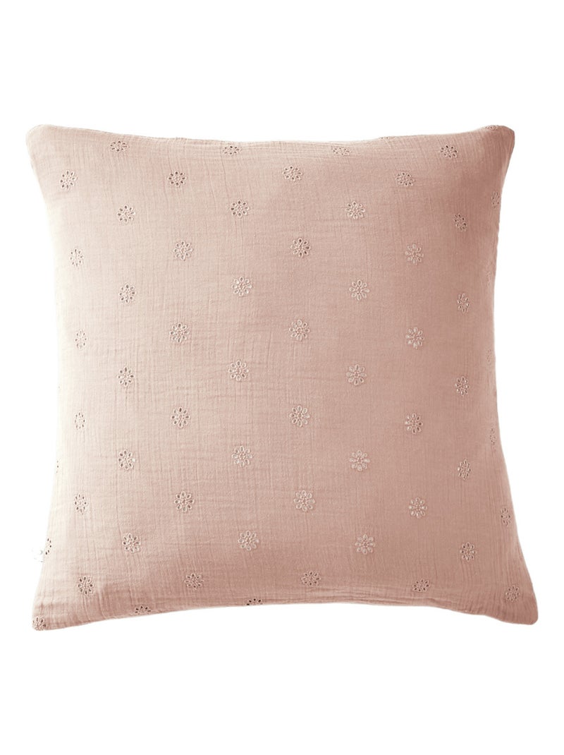 Taie d'oreiller brodée double gaze de coton Rose - Kiabi