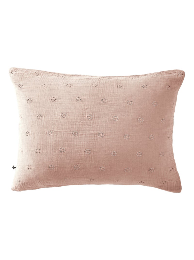 Taie d'oreiller brodée double gaze de coton Rose - Kiabi