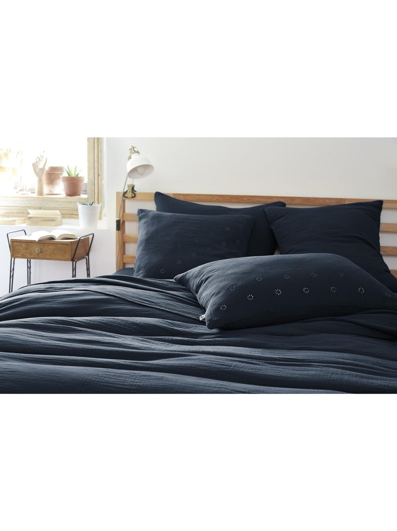 Taie d’Oreiller Brodée – Gaze de Coton – Gaïa Boho Bleu foncé - Kiabi