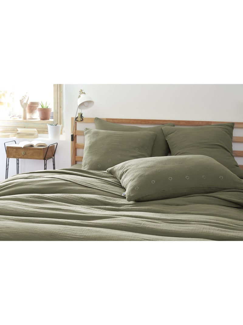 Taie d’Oreiller Brodée – Gaze de Coton – Gaïa Boho Vert romarin - Kiabi