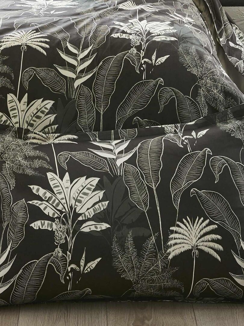Taie d'oreiller en satin aux feuilles tropicales - Gris anthracite - 65x65  cm - Coton