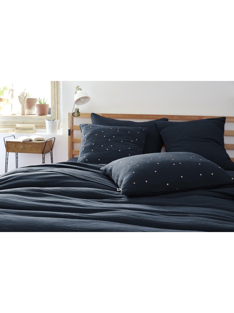Taie d’Oreiller – Gaze de Coton Brodée Fil Or – Gaïa Chic Bleu foncé - Kiabi