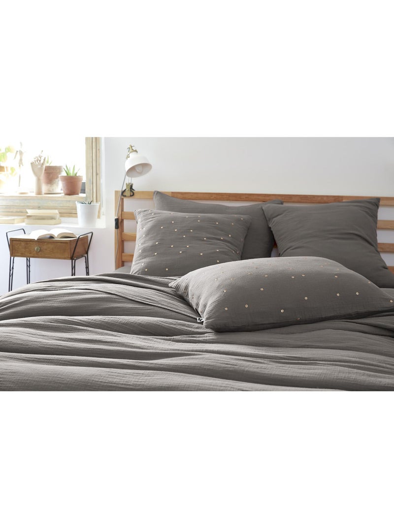 Taie d’Oreiller – Gaze de Coton Brodée Fil Or – Gaïa Chic Gris Granit - Kiabi