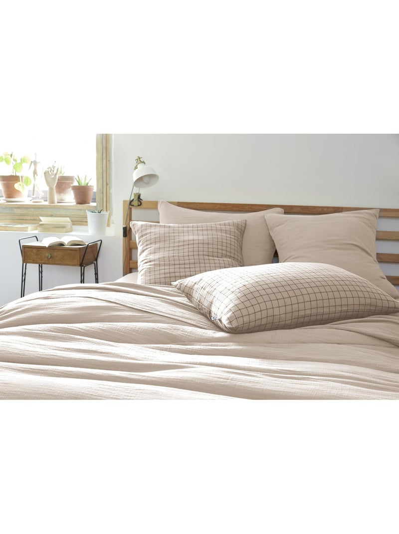 Taie d’oreiller – Gaze de coton tissée – Petits carreaux - Gaïa Mix Beige naturel - Kiabi