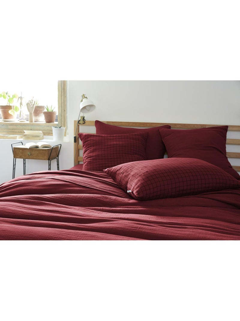 Taie d’oreiller – Gaze de coton tissée – Petits carreaux - Gaïa Mix Bordeaux - Kiabi