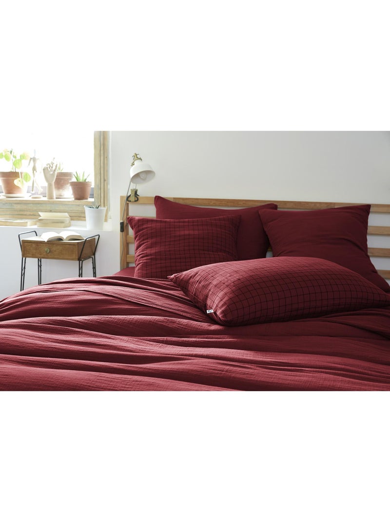 Taie d’oreiller – Gaze de coton tissée – Petits carreaux - Gaïa Mix Bordeaux - Kiabi