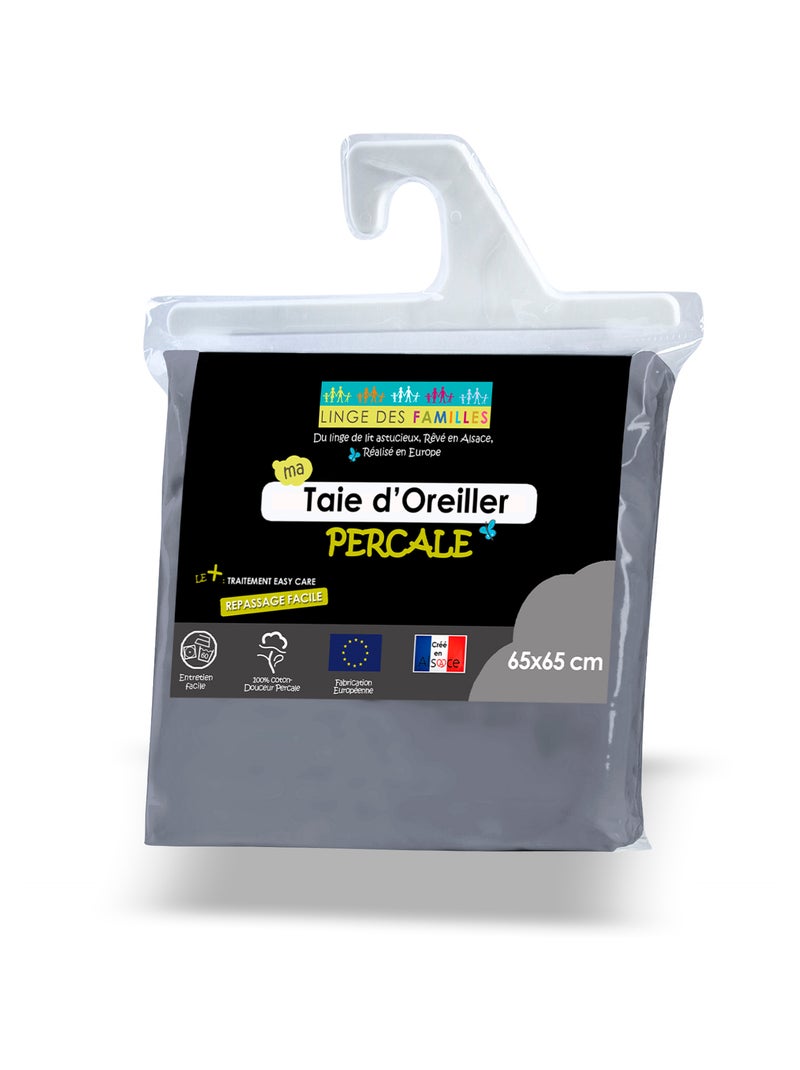 Taie d'Oreiller Percale 100% Coton - 80 fils/cm² - Linge des Familles Gris foncé - Kiabi