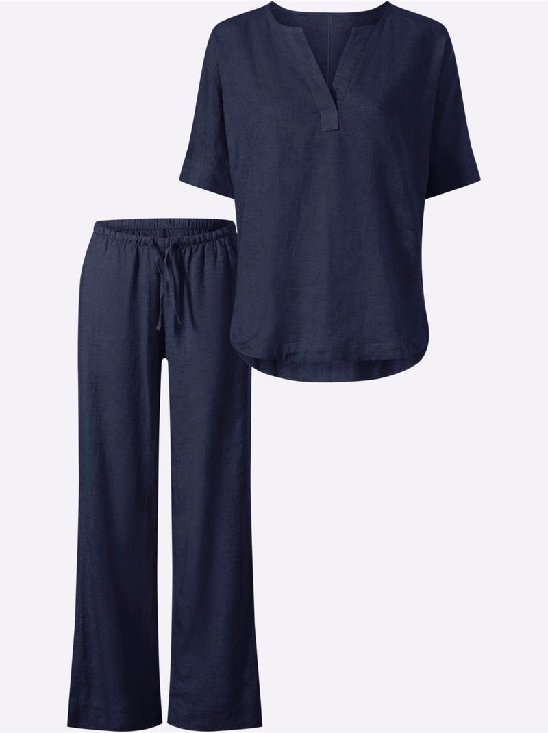 Tailleur Pantalon 55% Lin - Taille Standard - Helline Bleu marine - Kiabi